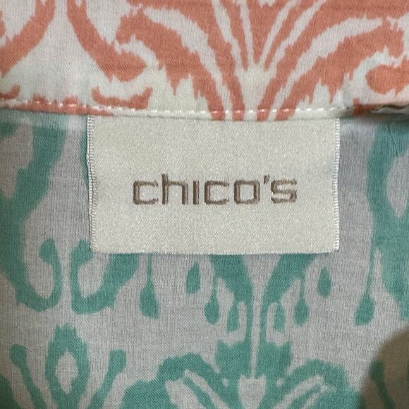 Chico's Size 1 US Size Medium Roll Tab Sleeve V-Neck Embroidered Coastal Beachy - Picture 4 of 6